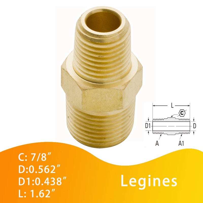 Legines Brass Reducing Hex Nipple, 1/2" NPT Male x 3/8" NPT Male Straight Connector Pipe Fitting 1200psi (Pack of 2) - Image 5